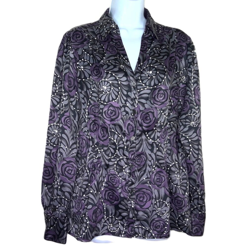 East 5th Floral Blouse Silky Purple Gray Black & White Roses Long Sleeve EUC  L